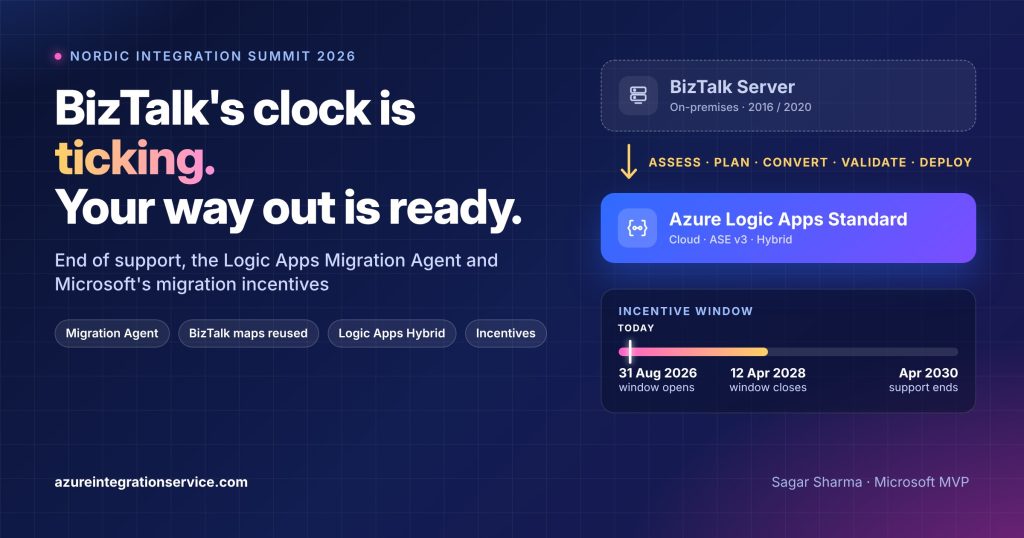 BizTalk's clock is ticking: end of support, the Logic Apps Migration Agent and Microsoft's BizTalk migration incentive window from 31 August 2026 to 12 April 2028