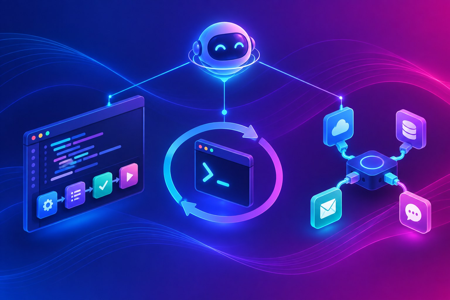 Logic Apps developer experience illustration: code editor, command-line terminal and connected services linked to an AI agent on an indigo and magenta background